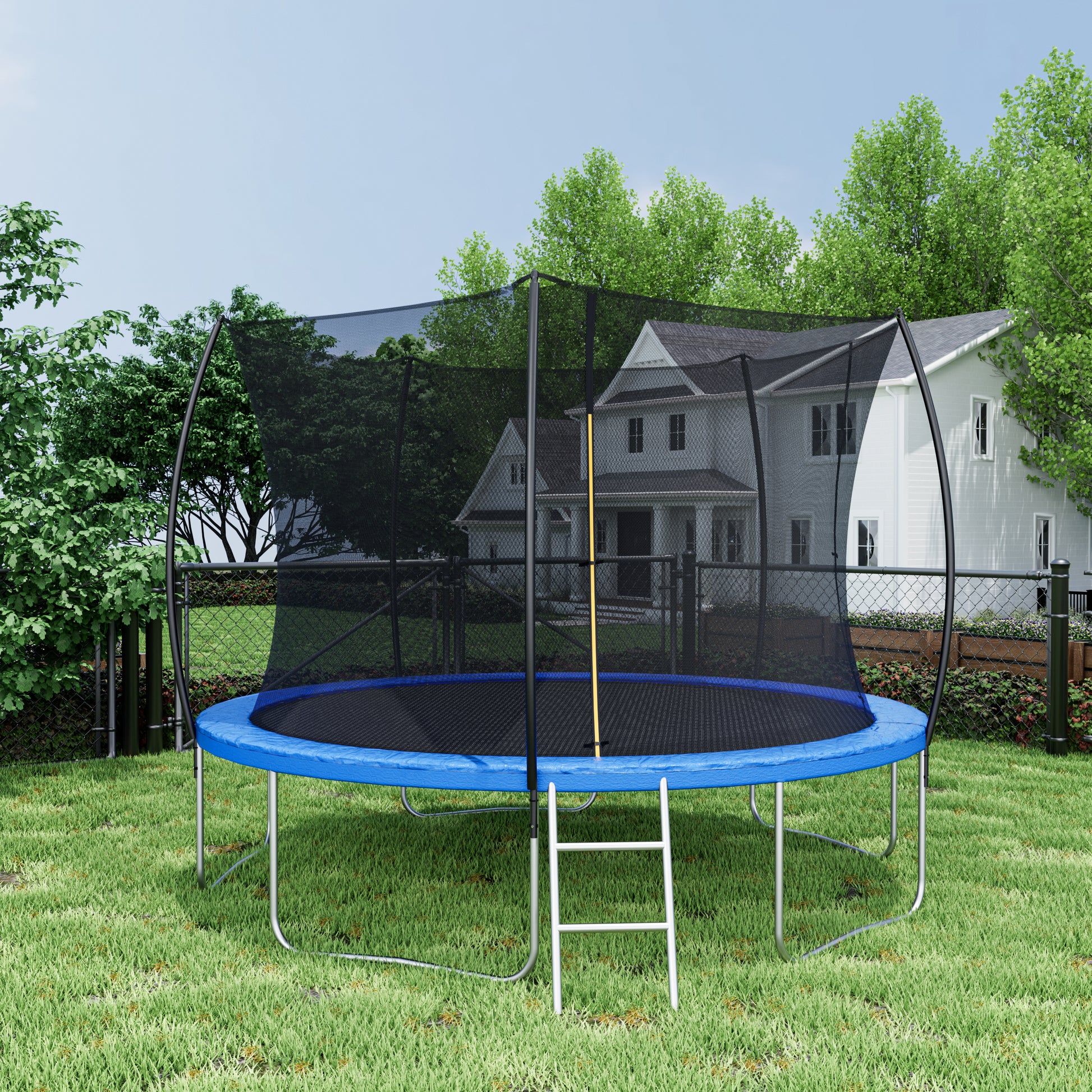 12Ft Trampoline Double Side Color Pad Trampoline For Kids And Adults With Enclosure Net And Ladder,Curved Fence Pole Black Steel Steel