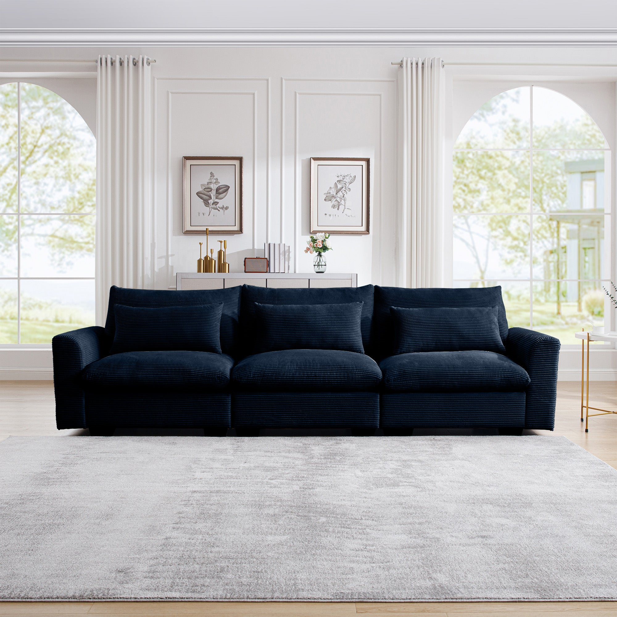 3 Seater Deep Seat Couches For Living Room, Wide And Deep Seat Comfy Living Roo Sofas With 3 Waist Pillows, Blue Corduroy Blue Corduroy 3 Seat