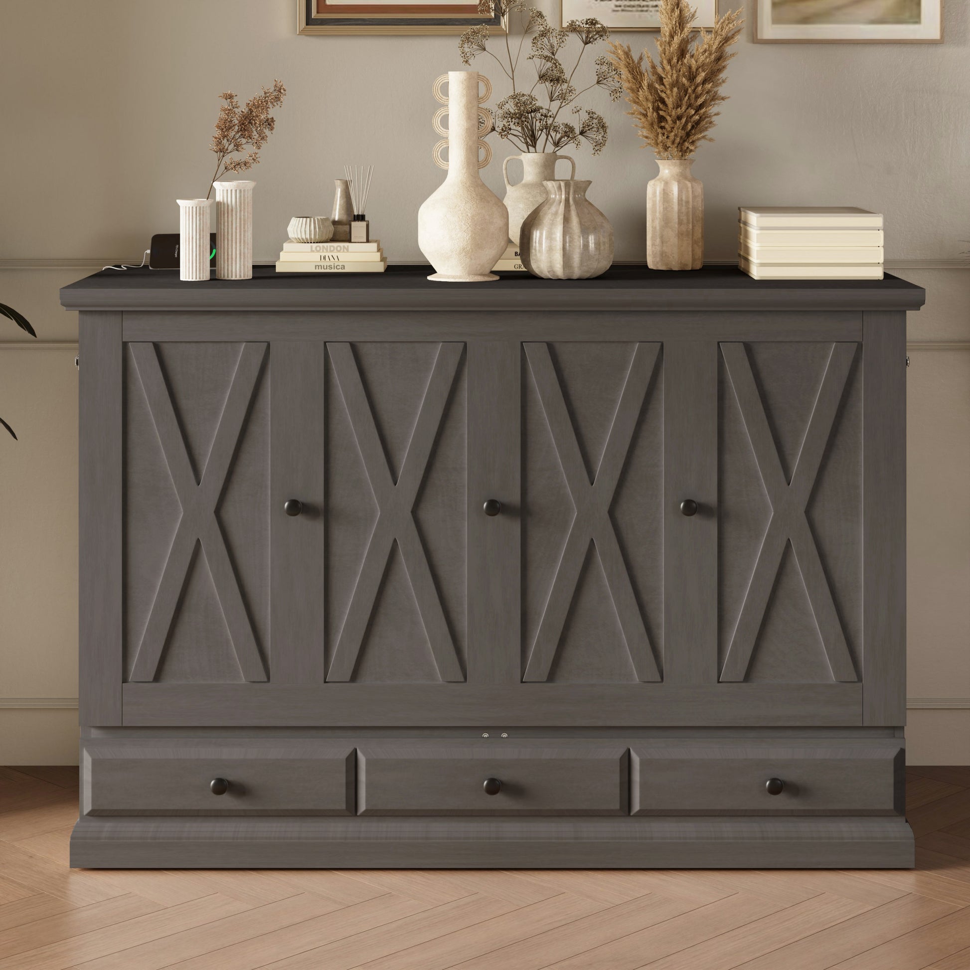 Solid Pine Murphy Bed Chest Cube Cabinet Bed With Charging Station And Large Storage Drawer For Home Office Or Small Room,Full,Gray Box Spring Not Required Full Gray Wood Gray Pine Murphy Solid Wood Mdf
