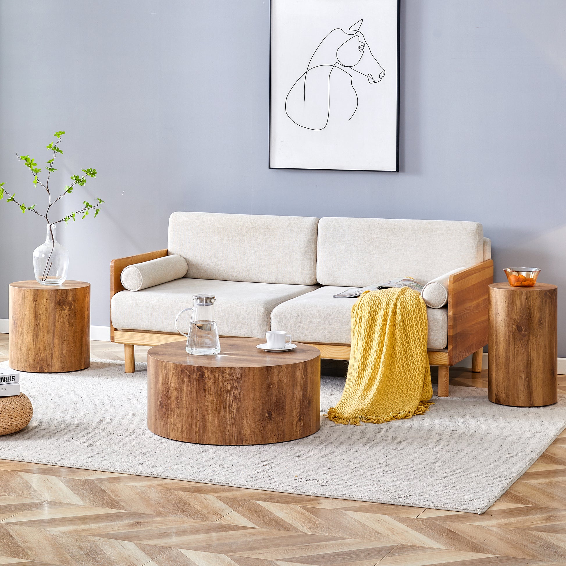 Modern Minimalist Set Of Three Wood Color Cylinder Marble Patterned Mdf Coffee Tables.The Cylindrical Table With Its Patterned Design Can Be Easily Integrated Into A Variety Of Interior Styles. Wood