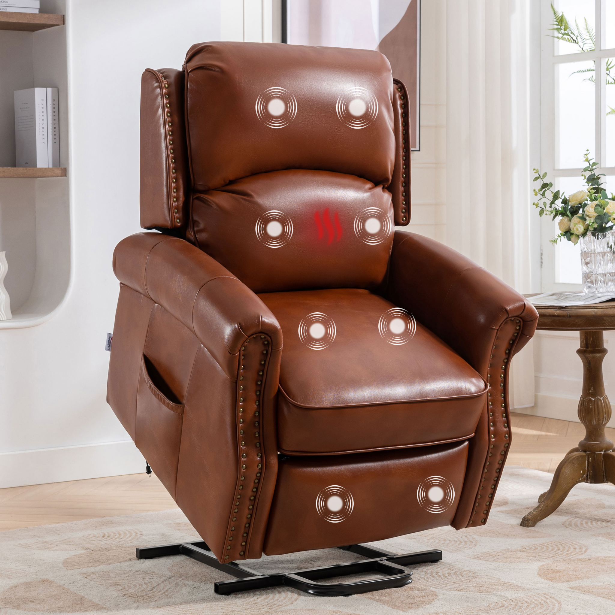 Lift Recliner Chair, Electric Power Lift Recliner Chair For Elderly With Eight Points Massage And Heating Caramel Caramel Faux Leather Power Remote Wood Primary Living Space Soft American Traditional Metal & Wood