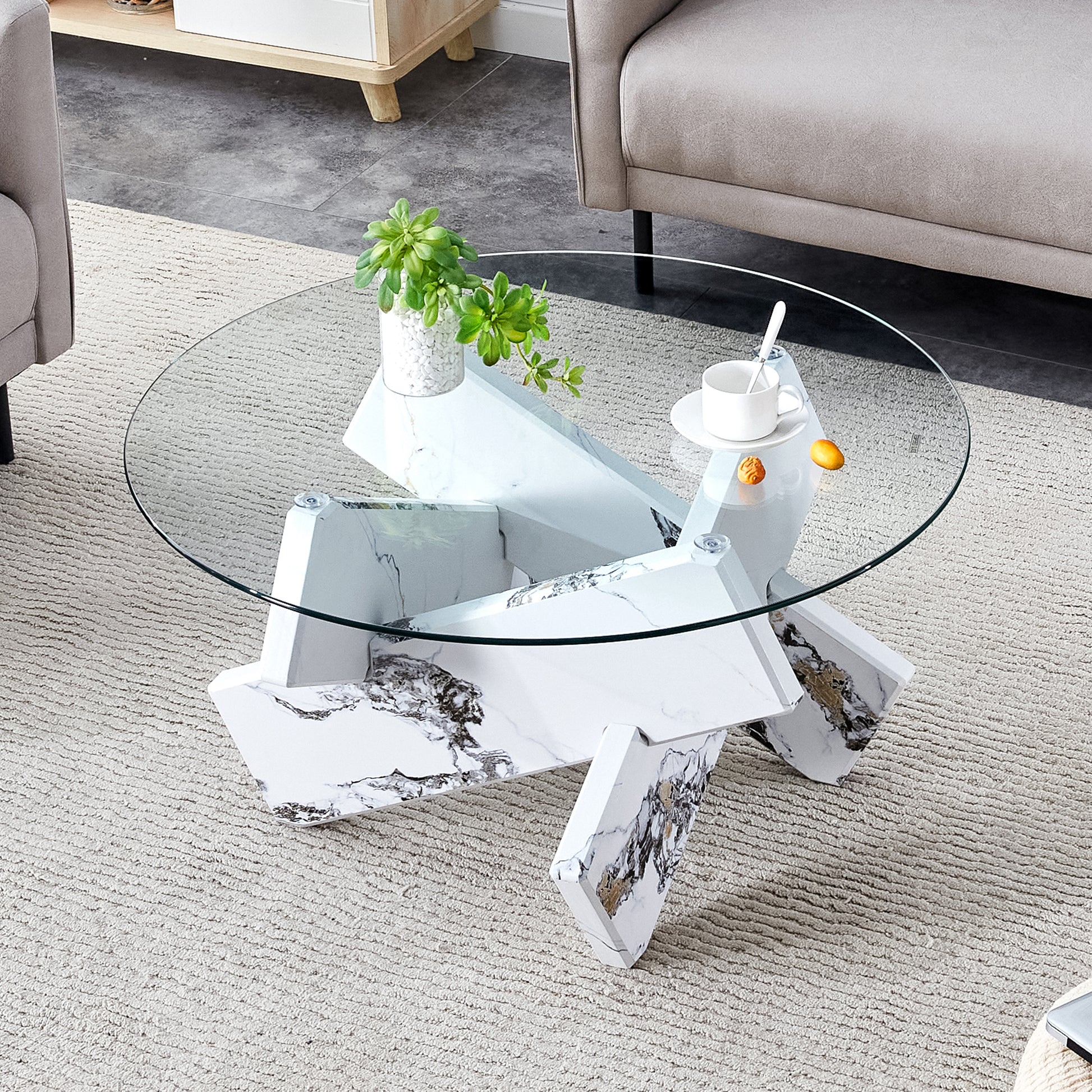 Round Glass Coffee Table, 33.4 "Modern Design Unique Coffee Table. Tempered Glass Countertop With White Patterned Mdf Legs. Suitable For Living And Dining Rooms White Mdf Glass