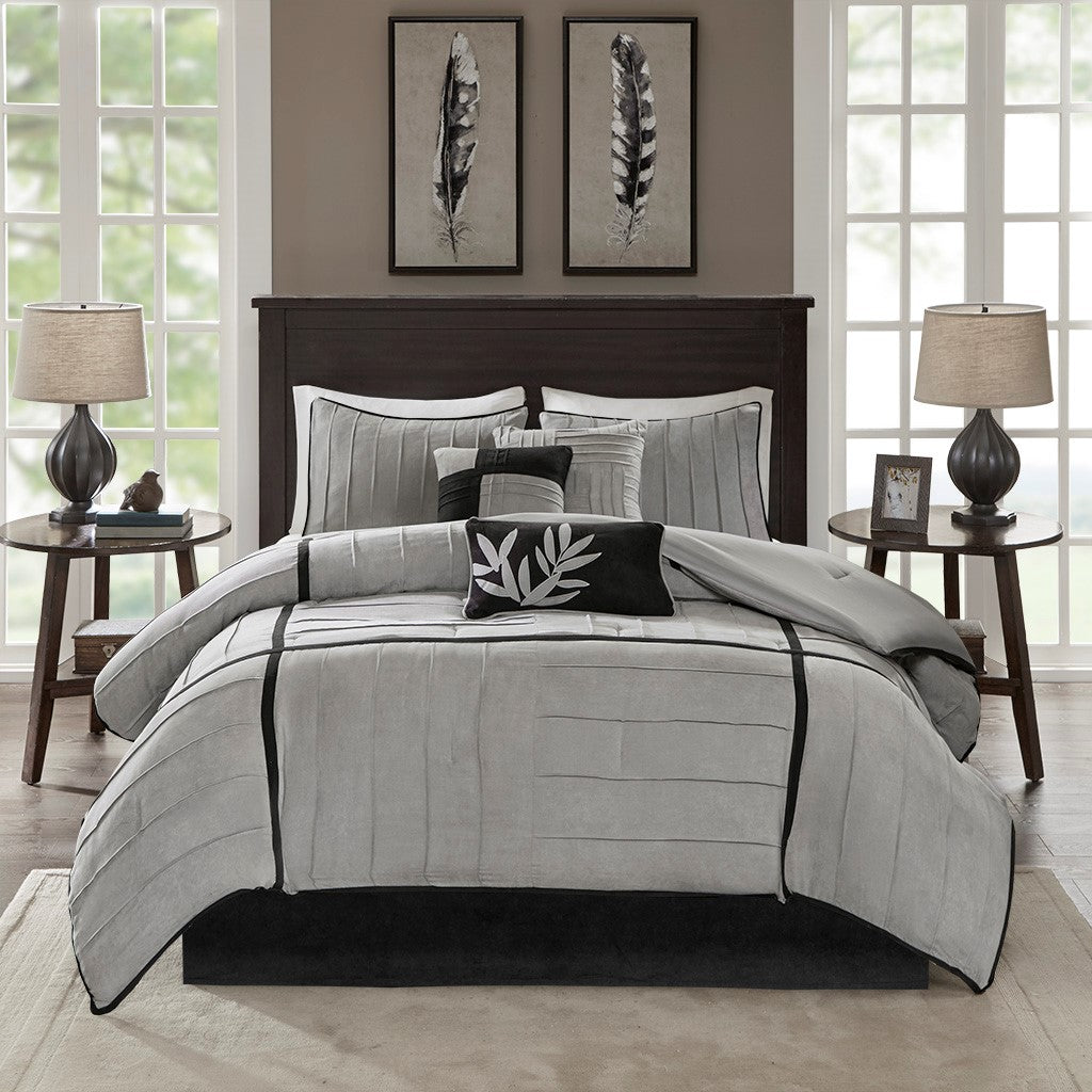 7 Piece Faux Suede Comforter Set Grey Cal King California King Grey Polyester