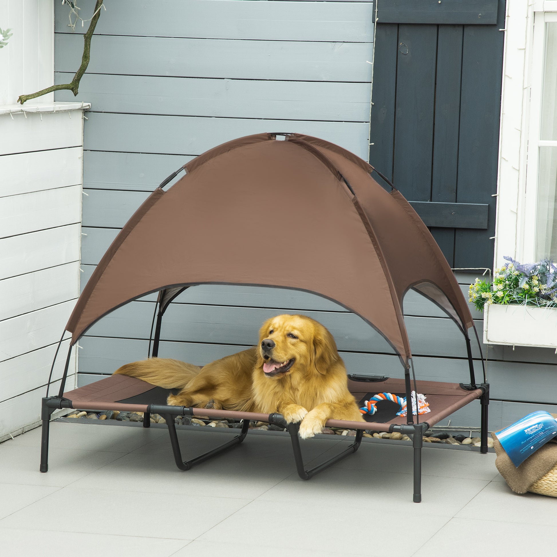 Pawhut Elevated Dog Bed With Removable Canopy, Outdoor Dog Cot With Uv Protection Canopy Shade, 48 Inch Large Pet Bed For Camping, Coffee Coffee Metal