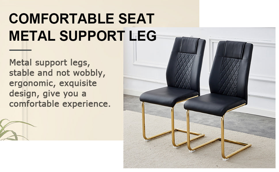 Table And Chair Set.Modern Rectangular Dining Table With Transparent Tempered Glass Tabletop And Gold Plated Metal Legs.Paried With 6 Comfortable Chairs With Pu Seats And Golden Metal Legs. Black Gold,Transparent Seats 6 Glass Metal