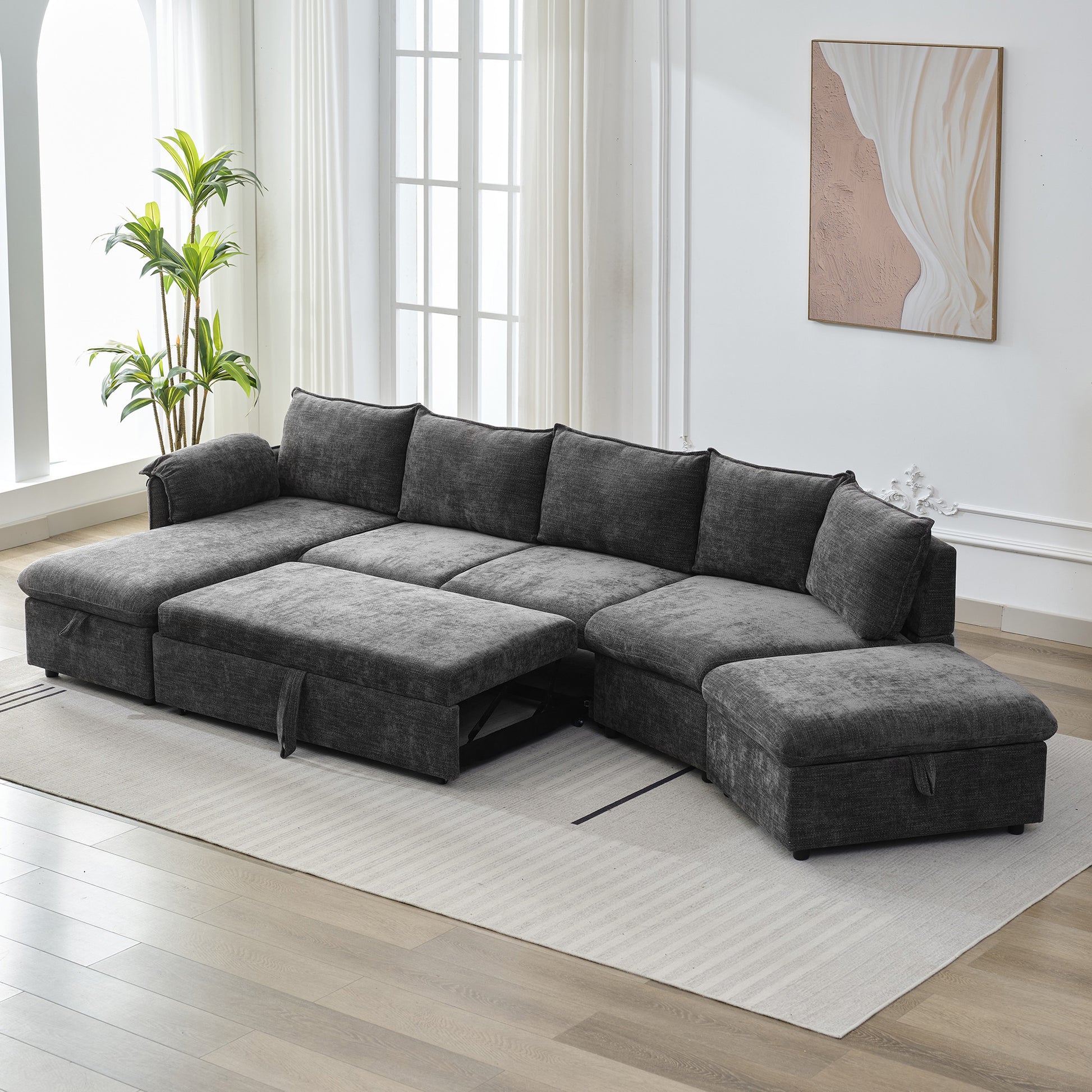 146.9" L Shaped Sofa Sectional Sofa Couch Pull Out Sofa Bed With A Movable Storage Ottoman, A Storage Chaise Lounge And Two Usb Ports For Living Room, Grey Grey Foam Linen 5 Seat