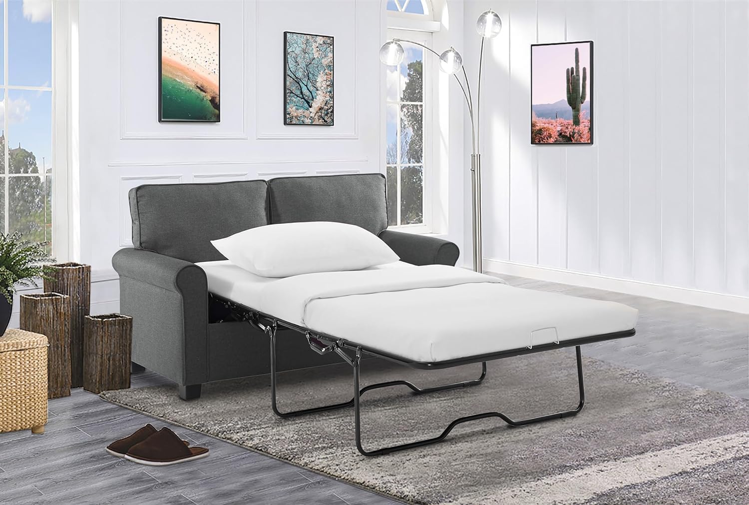 Love Seat Sofa Sleeper With Memory Foam Mattress Rolled Arms,Linen Polyester Fabric,Wood And Metal Frame,Plastic Legs Sofa Bed Sofa Bed, Grey Twin Grey Polyester