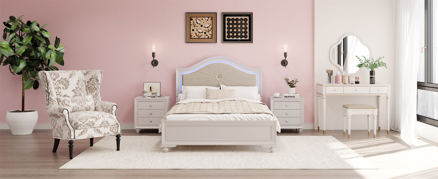 3 Pieces Bedroom Sets Full Size Wood Bed With Hidden Led Light Upholstered Headboard 2 Nightstands, Cream Grey Full Cream Grey 3 Piece Set Upholstered,Wood