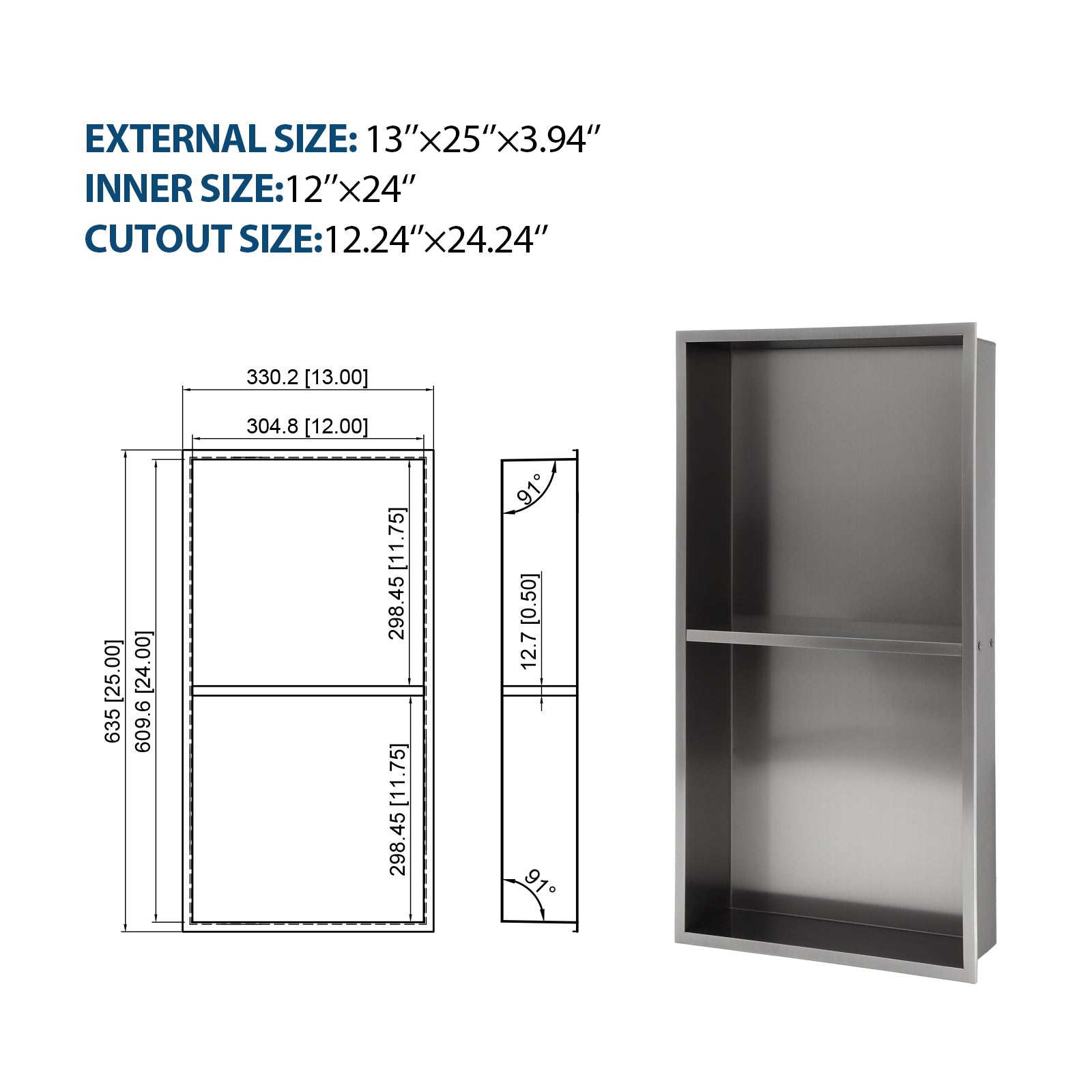 13" X 25" Stainless Steel Shower Niche Double Shelf, Gunmetal Black Gunmetal Black Stainless Steel