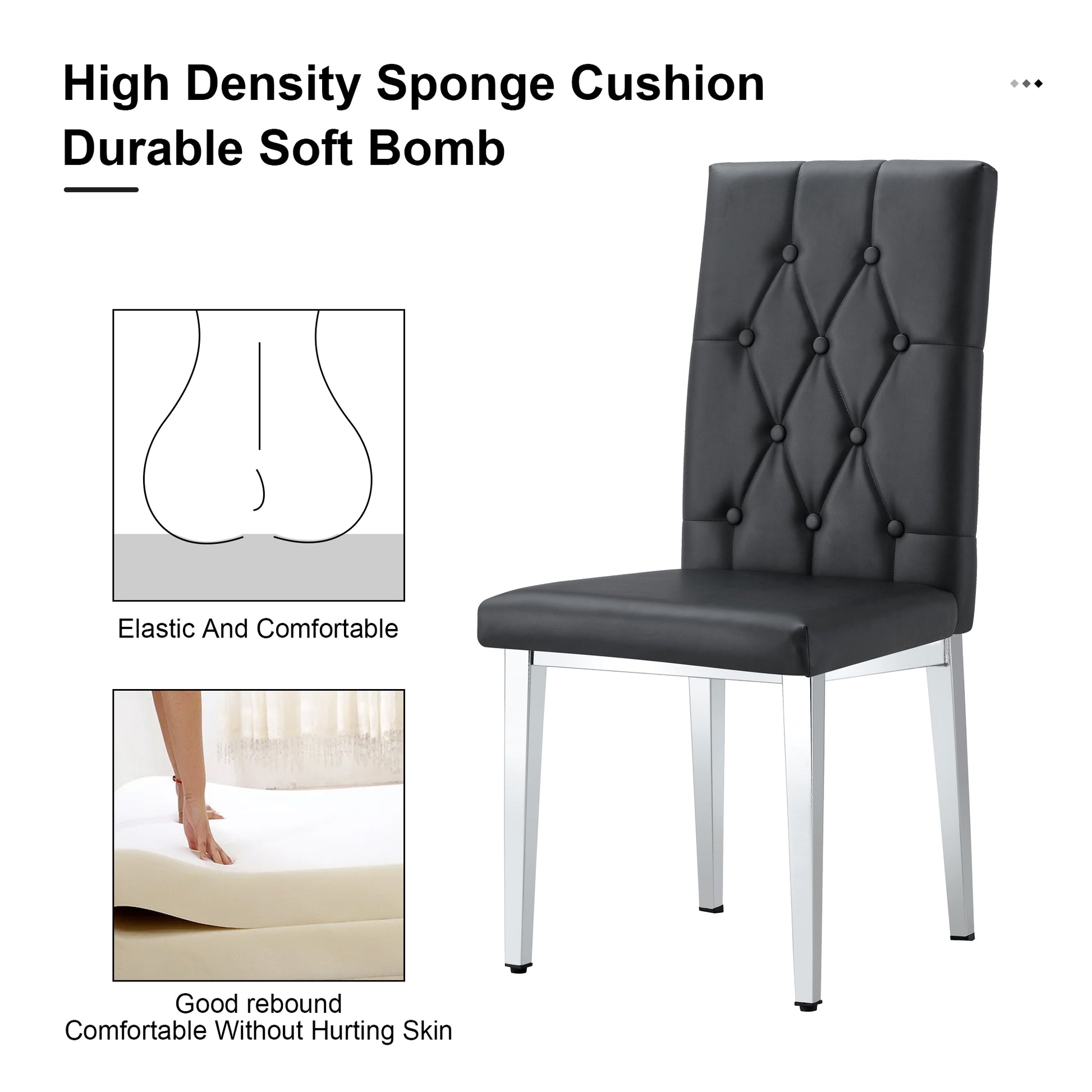 2 Piece Dining Chair, Modern Style Kitchen Upholstered High Back, Metal Leg Office Chair, Suitable For Dining Room, Office, Restaurant. Black Set Of 2 Pu