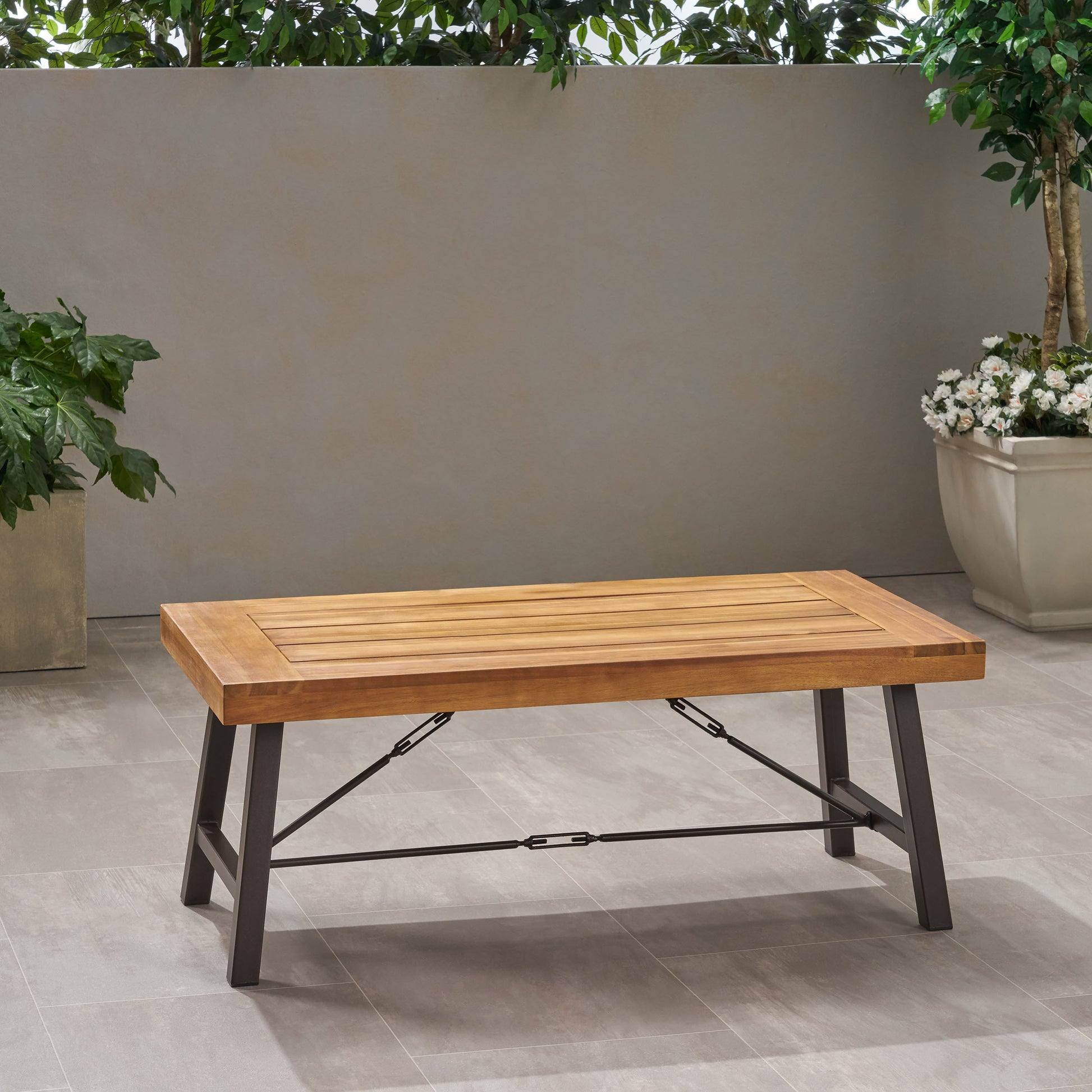 Outdoor Acacia Wood Coffee Table, Teak Finish Rustic Metal Brown And Black, 27.25"D X 45.75"W X 18"H Brown Acacia Wood