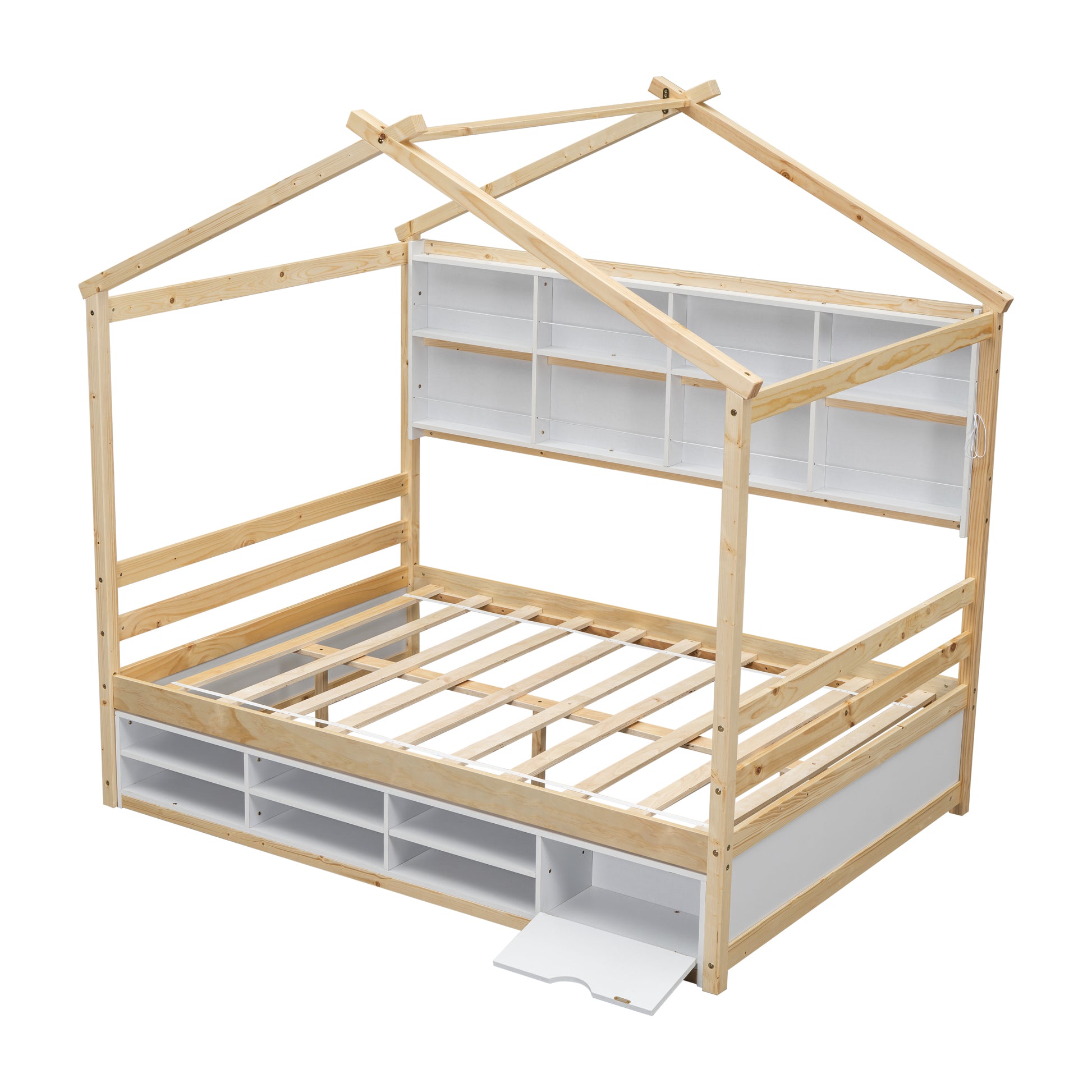 Full House Bed With Roof Frame, Bedside Shelves, Under Bed Storage Unit,Natural Full Natural American Design Pine