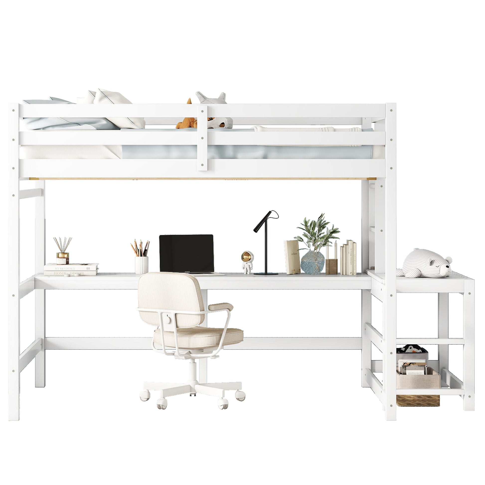 Full Loft Bed With Built In Desk, Ladder Platform, Ladders, Guardrails,White Full White Bedroom American Design Pine