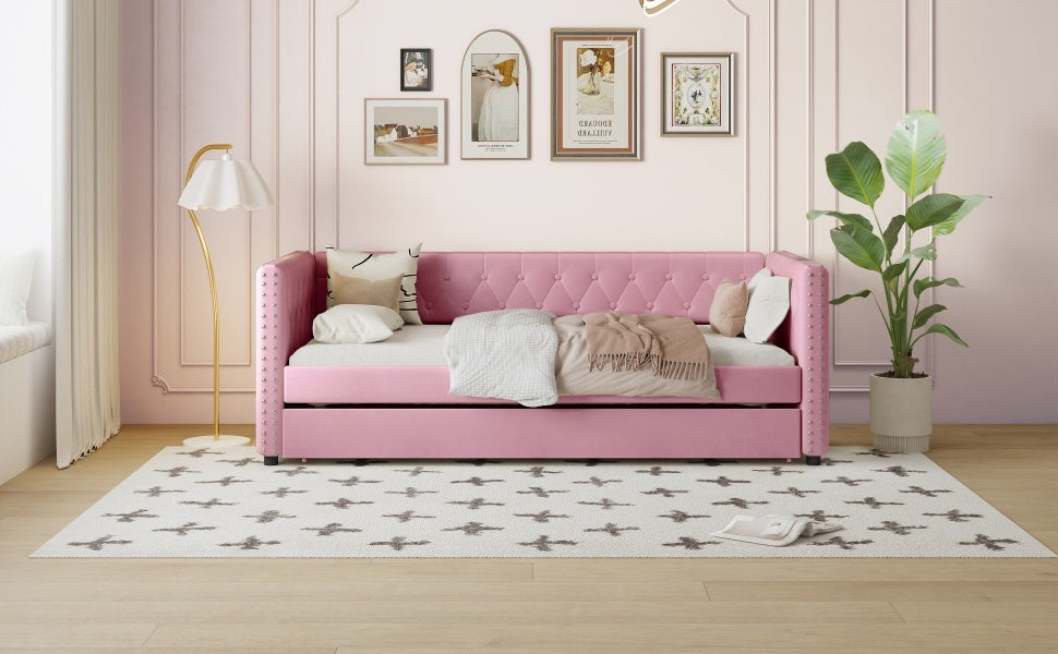 Twin Size Tufted Upholstered Daybed With Trundle, Velvet Sofabed With Rivet Design, No Box Spring Needed,Pink Twin Pink Velvet