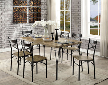 Dark Bronze Metal Kitchen 7Pc Dining Set Dining Table And 6X Side Chairs Paper Veneer X Cross Back Design Dining Room Furniture Metal Wood Natural Multi Seats 6 Metal Dining Room Solid Wood Contemporary,Modern,Transitional Rubberwood 4 Leg Rectangular