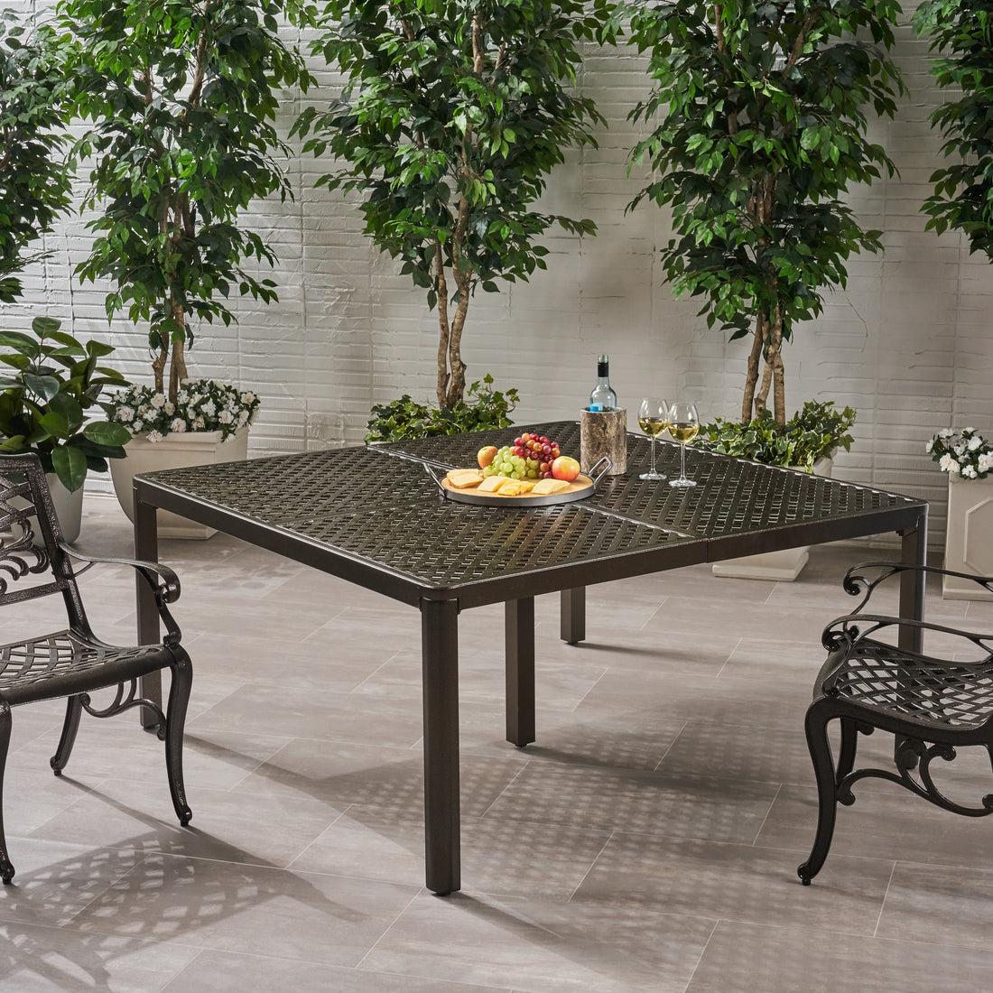 Outdoor Modern Aluminum Dining Table With Woven Accents, Gloss Black Red Aluminium