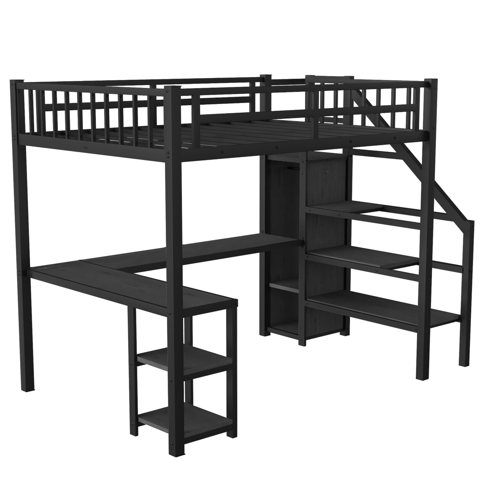 Metal Full Loft Bed With Wardrobe And Led Light, Full Size Loft Bed With L Shaped Desk And Usb For Kids Teens Adults, Black Full Black Metal