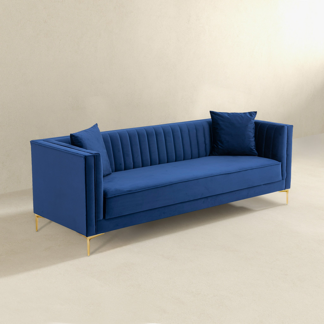 Angelina Sofa 91" Dark Blue Velvet Dark Blue,Gold Velvet Wood Primary Living Space Medium Firm Tufted Back Mid Century Modern Foam Metal,Velvet 4 Seat