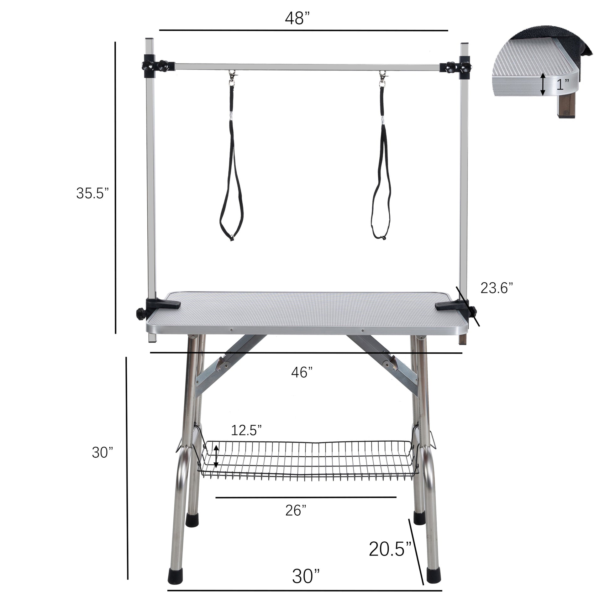 46" Folding Dog Pet Grooming Table Stainless Steel Frame Rubber Mat On Board With Adjustable Arm And Clamps Pet Dog Cat Grooming Table Silver Gray Color Silver Grey Rubber Stainless Steel