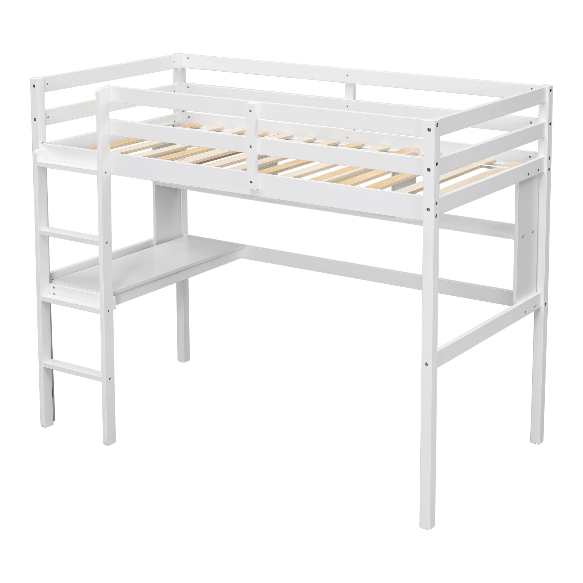 Twin Loft Bed With Built In Desk And Bookcase Of Three Compartments, Guardrails And Ladder,White Twin White Pine