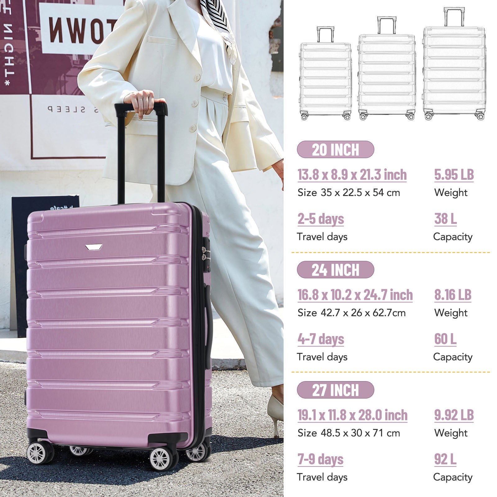 3 Piece Luggage Set Suitcase Set, Lightweight Durable Suitcase With Wheels And Tsa Lock, Expandable Travel Family Luggage For Men Women 20" 24" 27" Purple Abs Pc