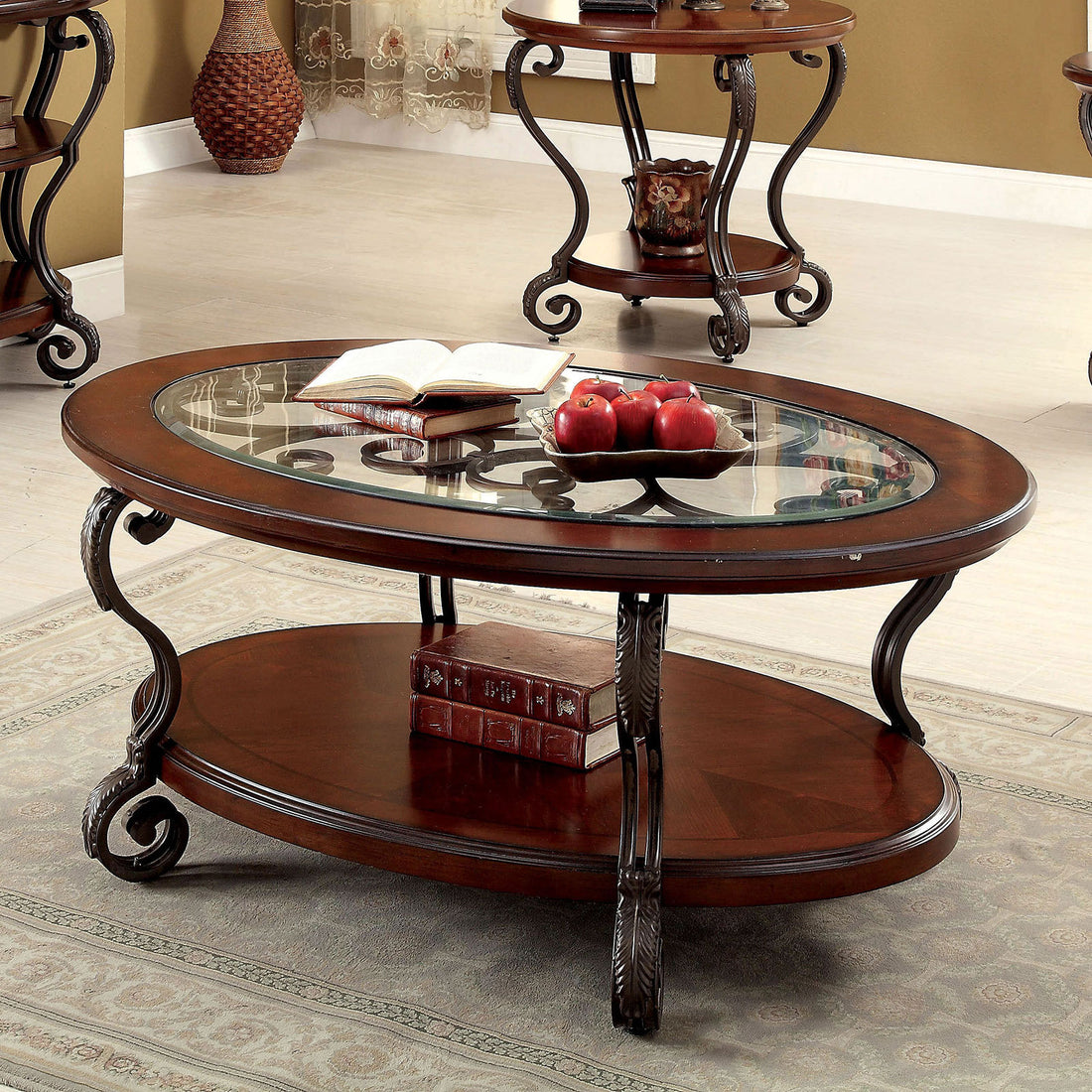 Traditional Style Brown Cherry 1Pc Coffee Table Open Bottom Shelf Ornate Design Glass Top Living Room Furniture Brown Multi Brown Primary Living Space Classic,Contemporary,Ornate Traditional,Traditional Open Storage Oval Coffee & End Tables Solid Wood