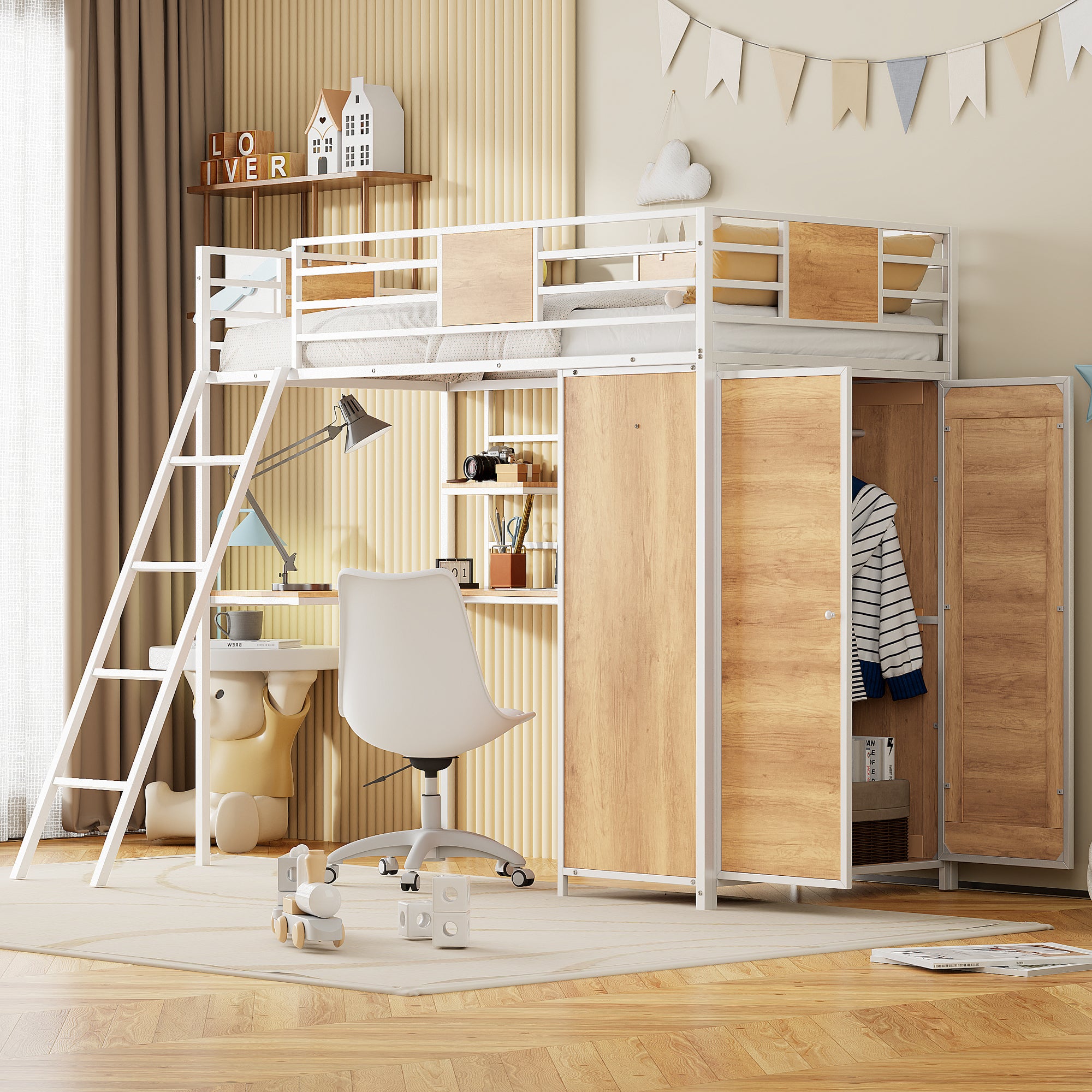 Twin Size Loft Bed With L Shape Desk And Wardrobe, White Twin White Metal & Wood