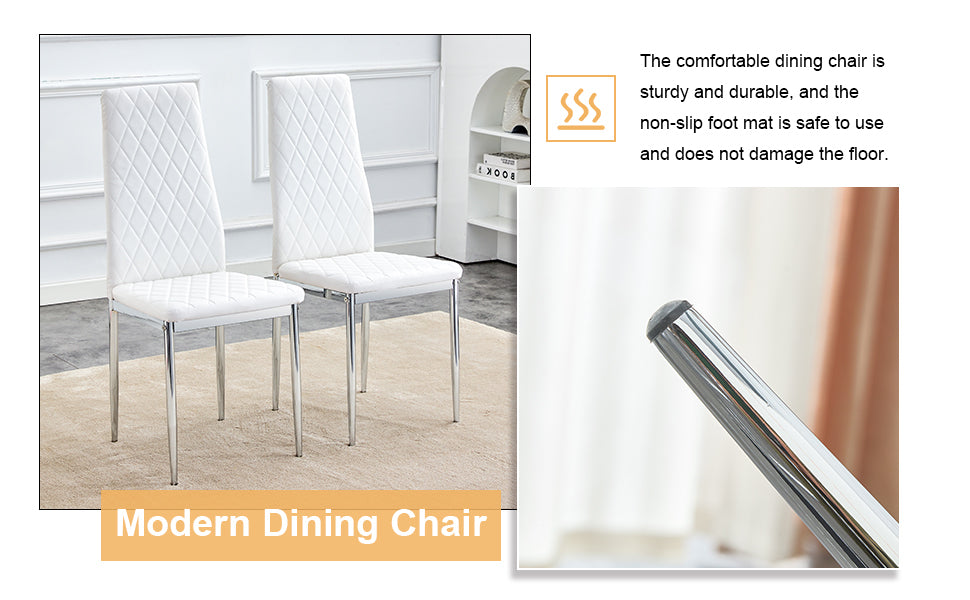 Table And Chair Set.Rectangular Dining Table With Tempered Glass Tabletop And Silver Plating Metal Legs.Paired With 6 Checkered Armless High Back White Chairs With Electroplated Metal Legs. White Seats 6 Glass Metal