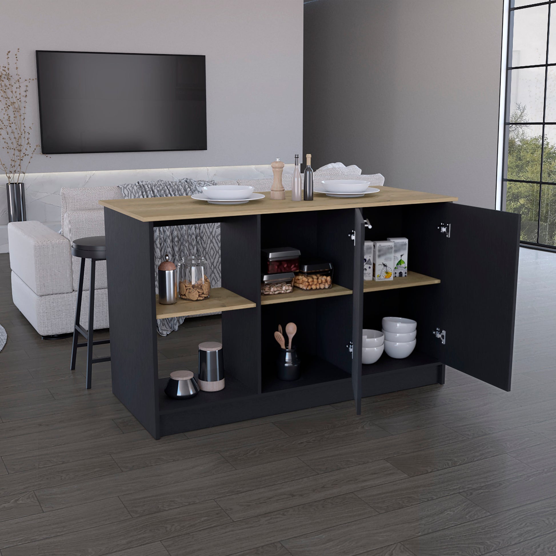 Kitchen Island With Large Countertop, Open Storage Shelves And Double Door Cabinet, Black Macadamia Black Solid Wood Mdf Engineered Wood