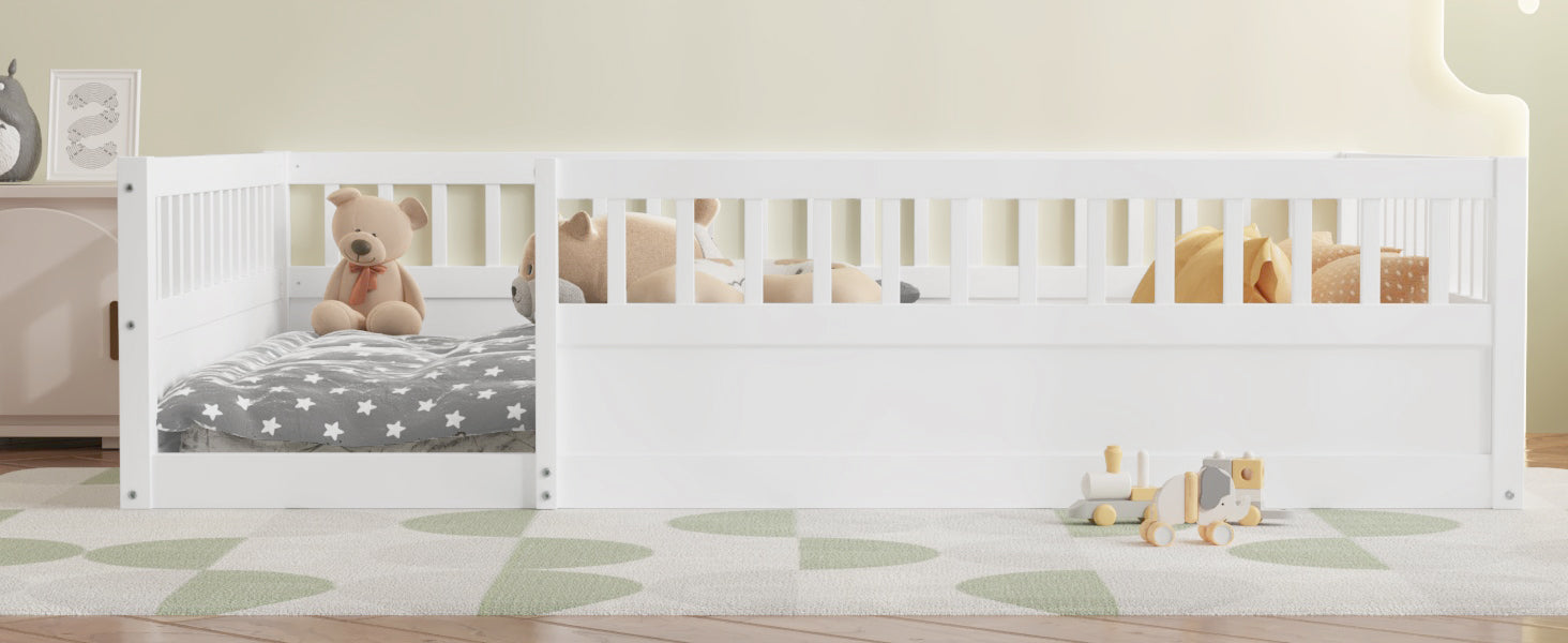 Full Floor Bed Frame With Fence, Wood Kids Floor Beds Frame For Bedroom Playroom,White Expect Arrive Date Jul. 10Th Full White Pine