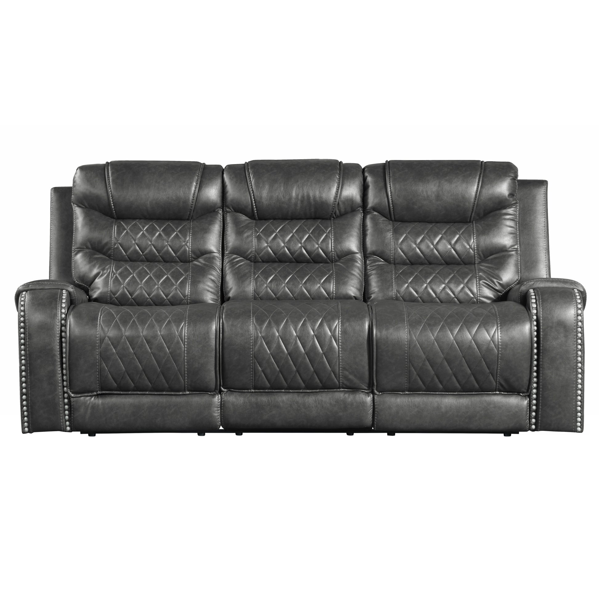 Luxurious Living Room Furniture 2Pc Reclining Sofa Set Grayfaux Leather Upholstery Center Drop Down Cup Holders, Power Outlets, Usb Ports, Diamond Pattern Stitching Gray Faux Leather Wood Primary Living Space Luxury,Modern Solid Wood 5 Seat