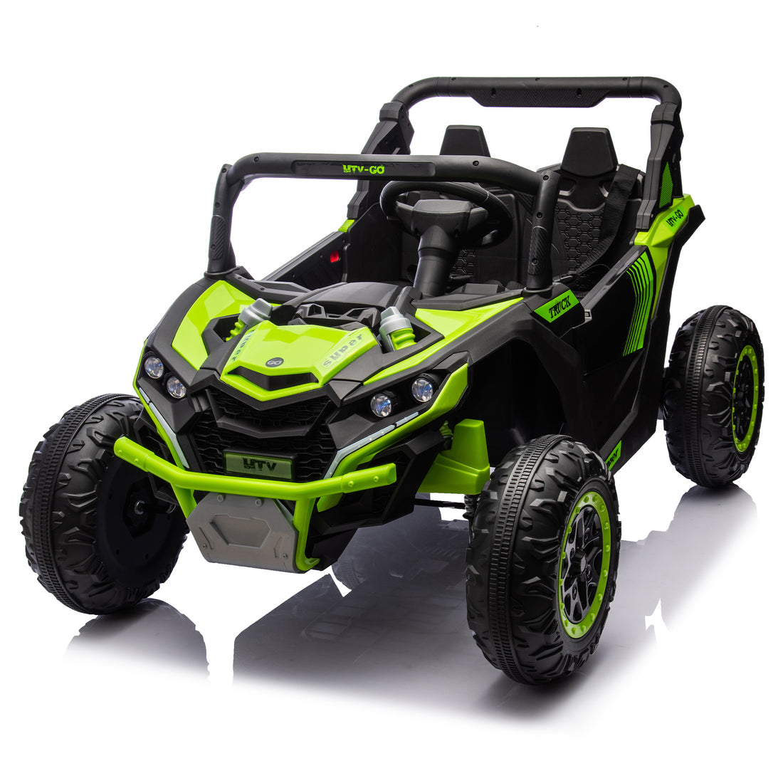 24V Two Seater Kids Ride On Utv W Parents Remote Control,Four Wheel Suspension,Slow Start,Large Wheel Design,Anti Collision Bar,Storage Space,Music,Usb,Bluetooth,Volume Control,Led Lights For Kids 3 . Green 100 149 Lbs Polypropylene