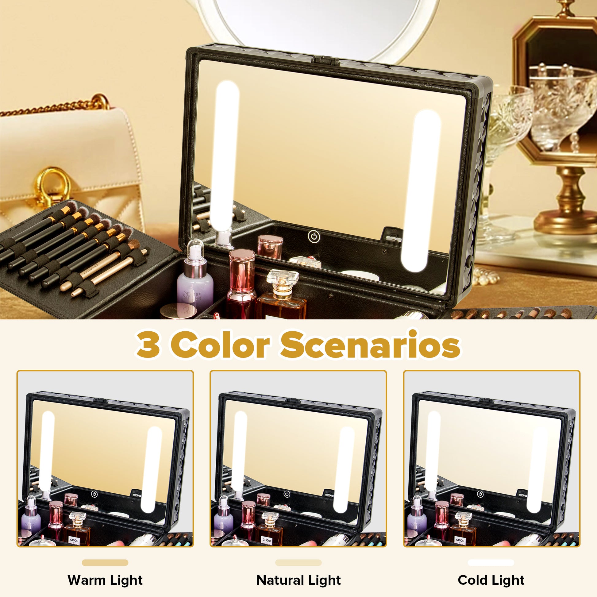Portable Makeup Case With Led Mirror Travel Makeup Bag Cosmetic Organizer Box With Locks, Brush Holder, Dividers, Rechargeable, Black Black Aluminium Alloy