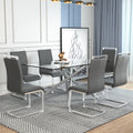 Table And Chair Set.Modern Luxurious Transparent Tempered Glass Dining Table Set.Paried With 6 Dark Gray Chairs With Pu Cushion And Silver C Tube Metal Legs. Dark Gray,Transparent Seats 6 Glass