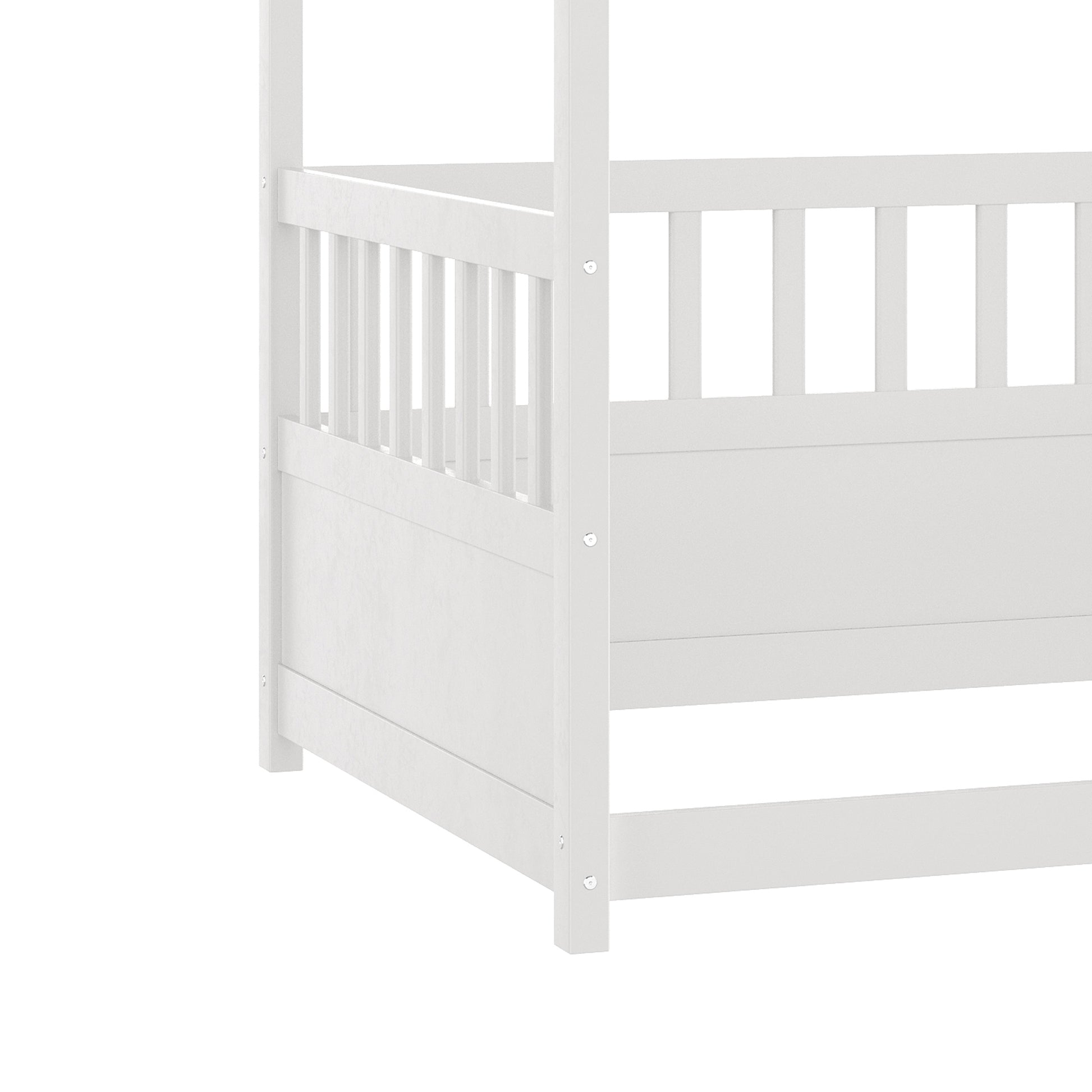 Twin Size Canopy Bed Frame With Guardrails For Kids,Floor Bed Twin With Four Poster Design,Kids Montessori Floor Bed,Wood Canopy Bed Frame For Girls,Boys Twin,White Box Spring Required Twin White