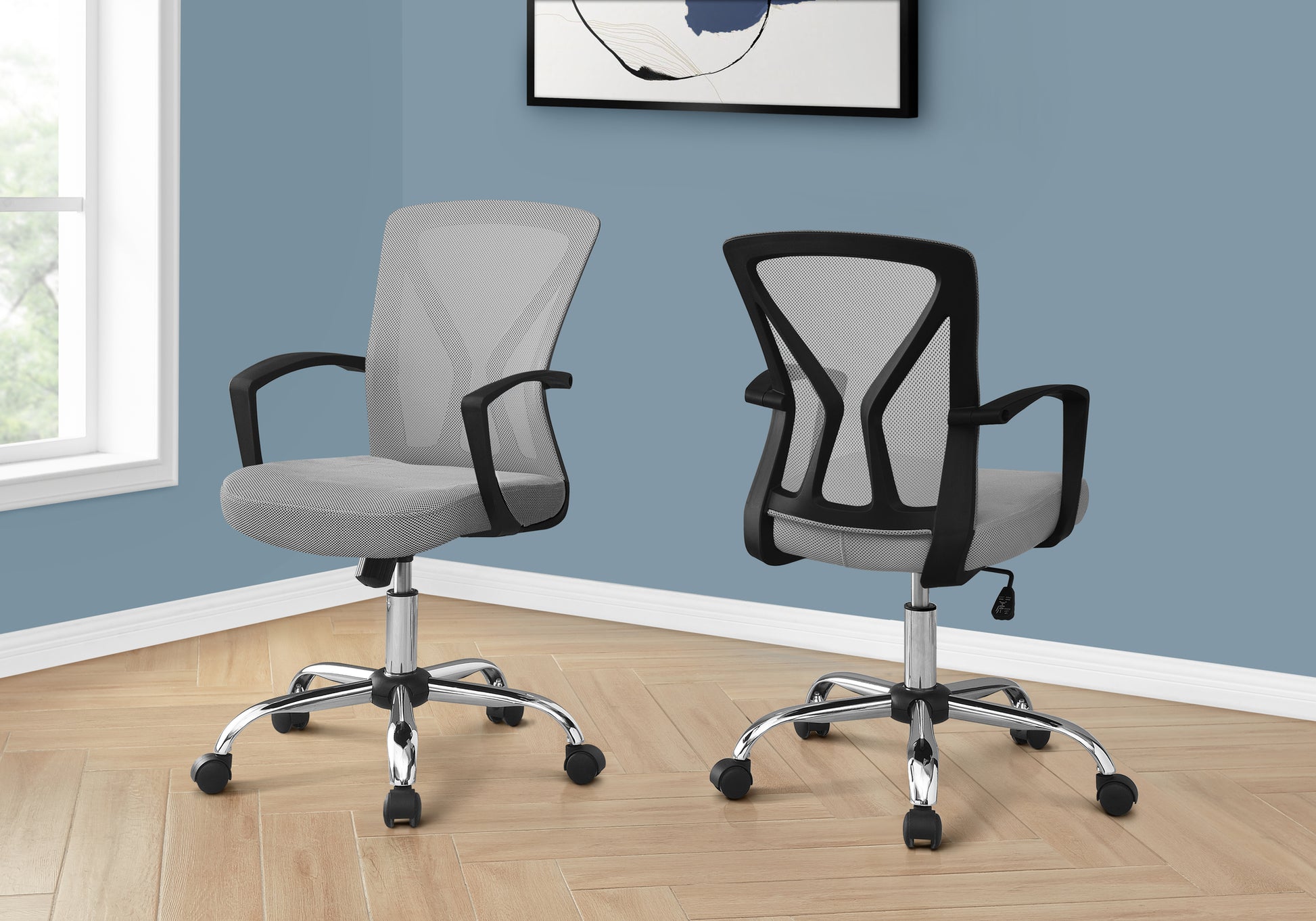 Office Chair, Adjustable Height, Swivel, Ergonomic, Armrests, Computer Desk, Work, Grey Mesh, Chrome Metal, Contemporary, Modern Grey Foam Polyester