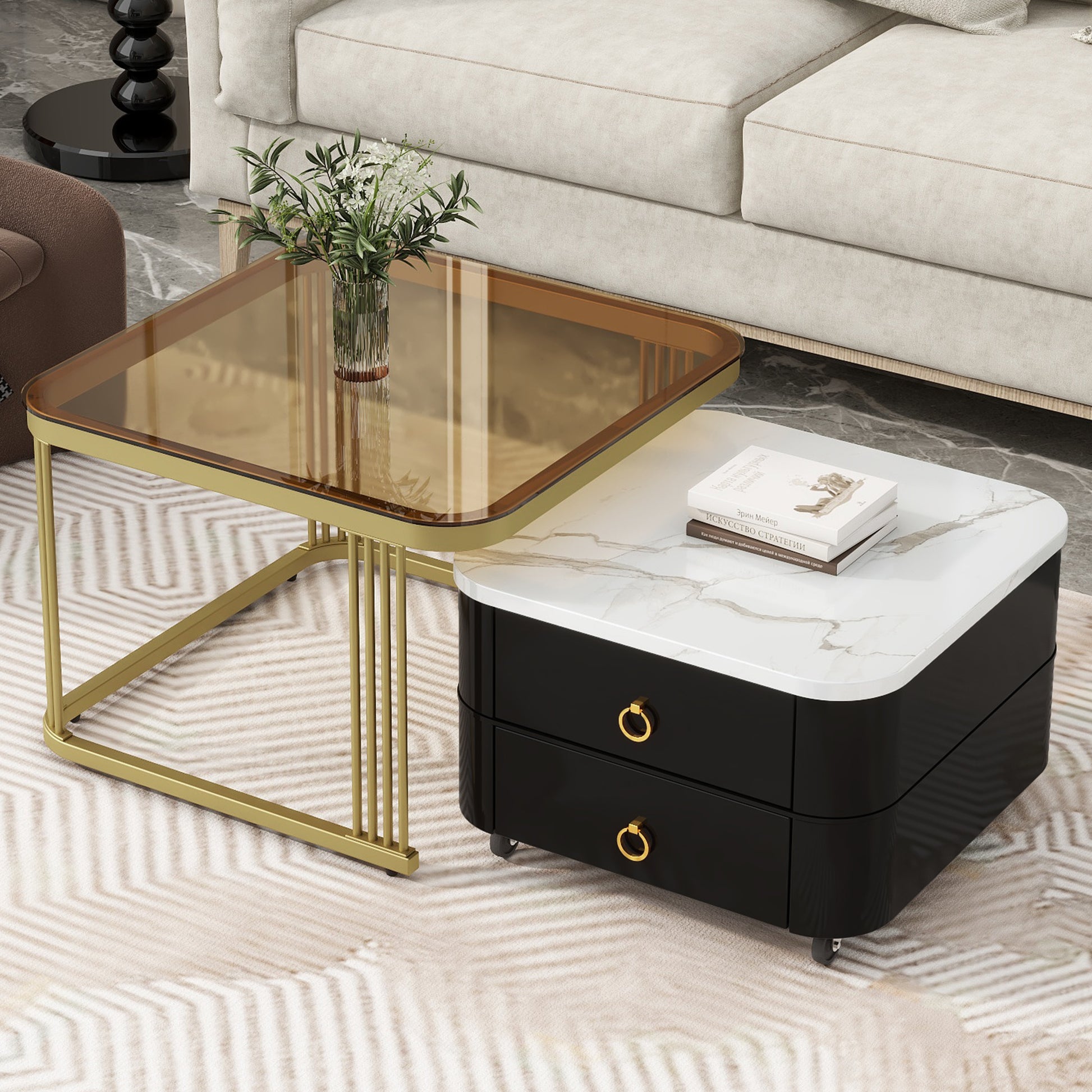 2 In 1 Square Nesting Coffee Table With Wheels & Drawers, Stackable Side Table With High Gloss Marble Grain Top, End Table Set With Brown Tempered Glass For Living Room, Black Black Gold Primary Living Space Drawers Square Mdf Steel