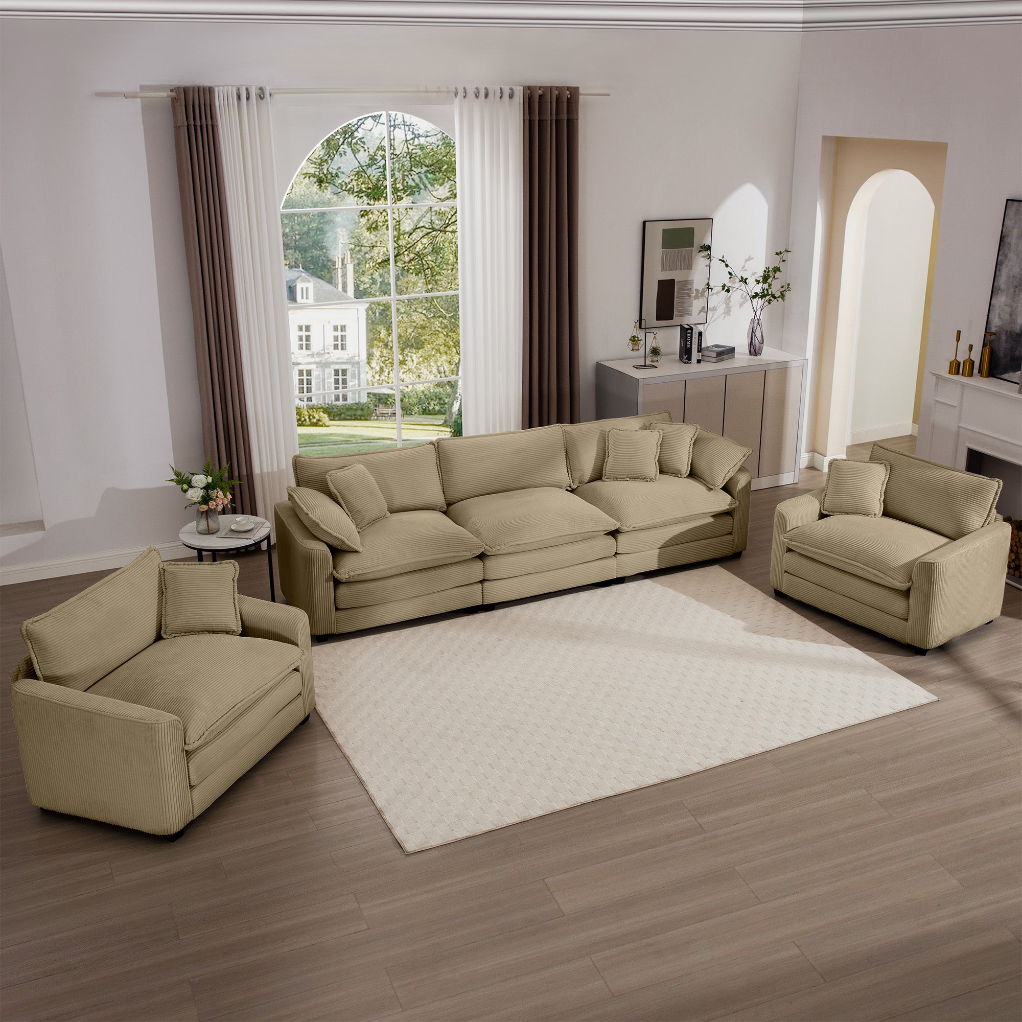 Luxurious And Sophisticated Sofa Set With Soft Cushions And Pillows, Home For Living Rooms And Clubs As Well As Home Theaters, Consisting Of Two Single Sofas And A 3 Seater Sofas In Tan Corduroy Fabri Tan Corduroy 5 Seat