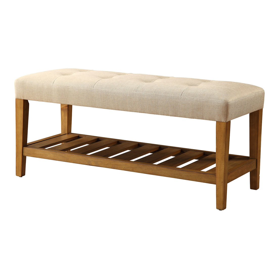 Beige And Oak Tufted Padded Seat Bench Beige Brown Bedroom Beige Contemporary Shelves Wood Fabric