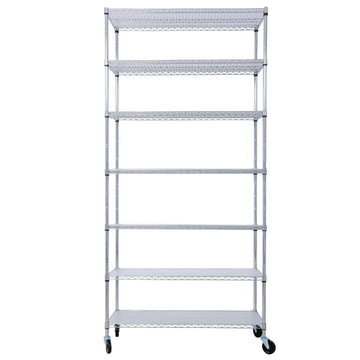 7 Tier Metal Shelf Wire Shelving Unit, 2450Lbs Heavy Duty Adjustable Storage Rack With Wheels & Shelf Liners For Closet Kitchen Garage Basement Commercial Shelving 81.5" H X 48" L X 18" D Chrome Chrome Metal