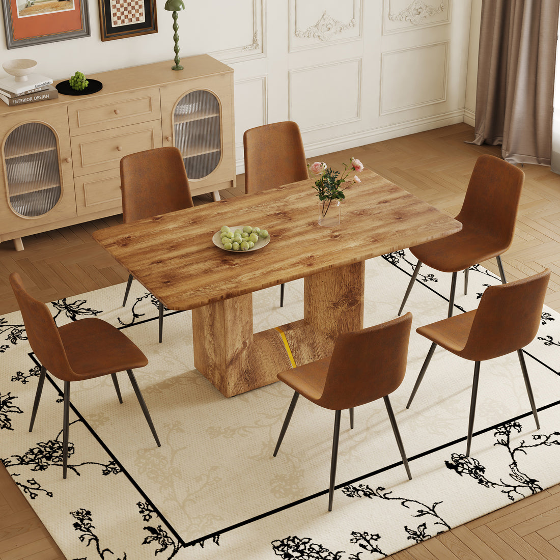 Table And Chair Set. Modern Dining Table With Mdf Top And Beautiful Mdf Legs. Comes With Brown Comfortable Chair With Seat And Metal Legs. Suitable For A Wide Range Of Decorative Styles. Brown,Wood Seats 6 Mdf