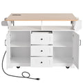 K&K 55.7'' Large Kitchen Island With 2 Drop Leaf, Rolling Kitchen Cart On 5 Wheels With Power Outlet, Folding Storage Dining Table With Spice & Towel Rack3 Drawers, For Kitchen, Dining Room,White White White Kitchen Classic,Farmhouse,Luxury,Modern