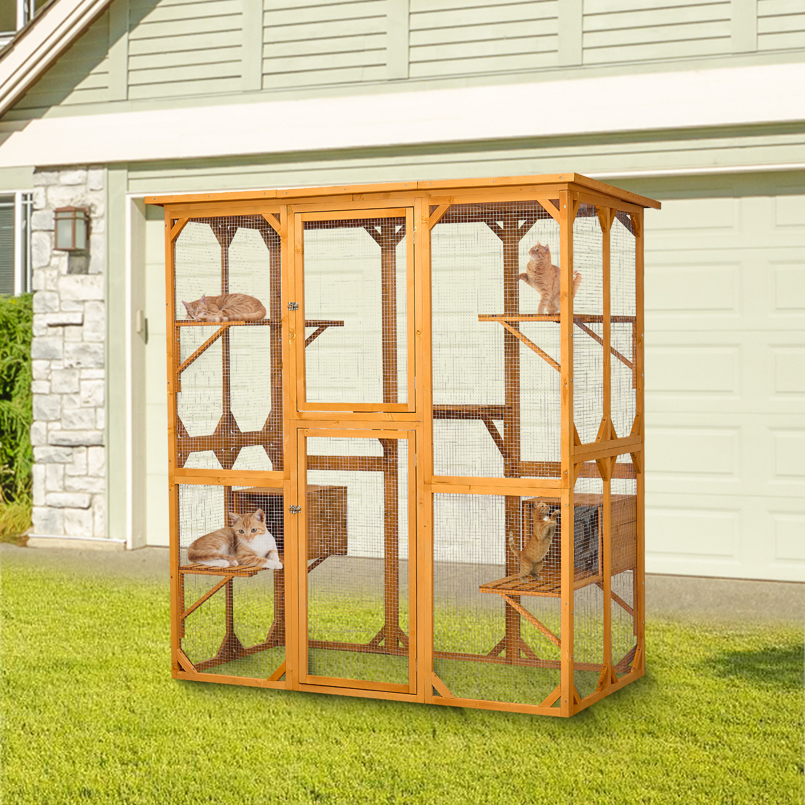 Catio Outdoor Cat Enclosure With Roof 72" Height Cat Wooden House Large Cat Cage With 3 Jumping Platforms And 2 Napping Houses For Cat Activity Yellow Yellow Wood