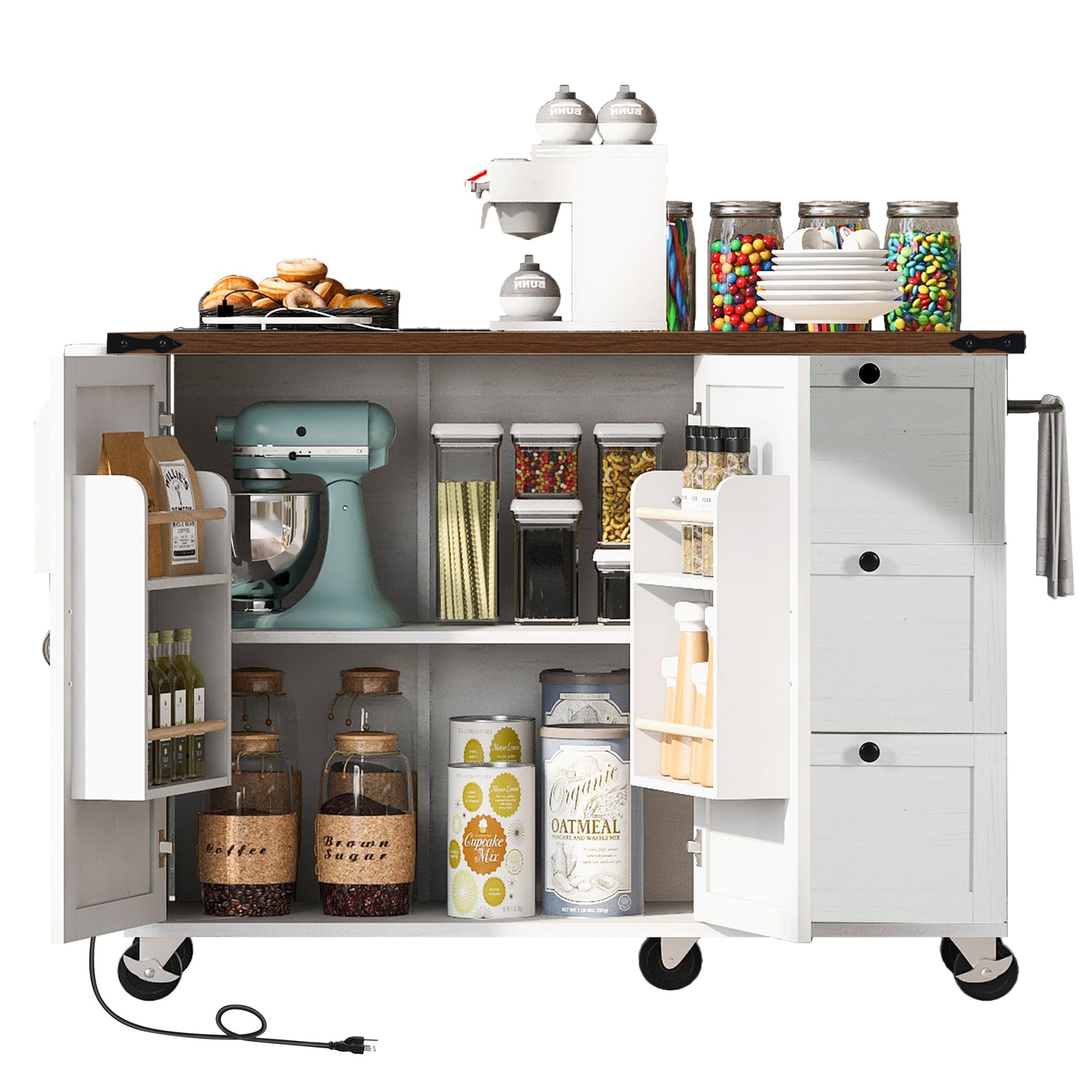 K&K 54.5" Farmhouse Kitchen Island With Power Outlet, Kitchen Storage Island With Internal Storage Rack, Drop Leaf, Spice Rack, Rolling Kitchen Cart On Wheels, For Home, Kitchen And Dining