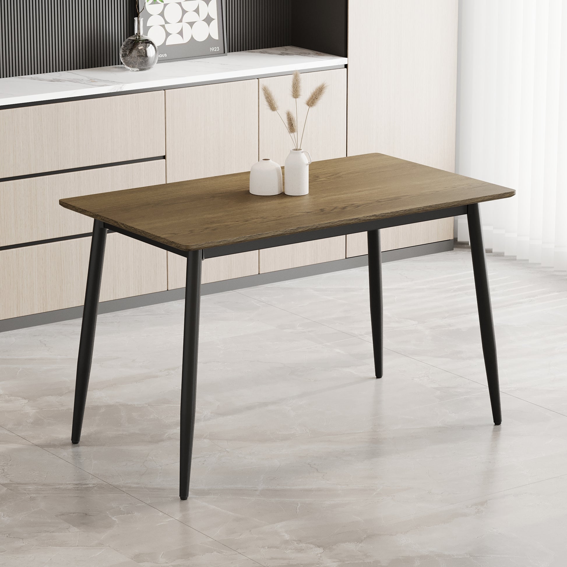 Modern Minimalist Wood Grain Tabletop Dining Table, Stylish Dining Table, Kitchen Dining Table, Sturdy And Durable, Easy To Assemble, Black Metal Leg Design, Suitable For 4 6 People, Suitable For