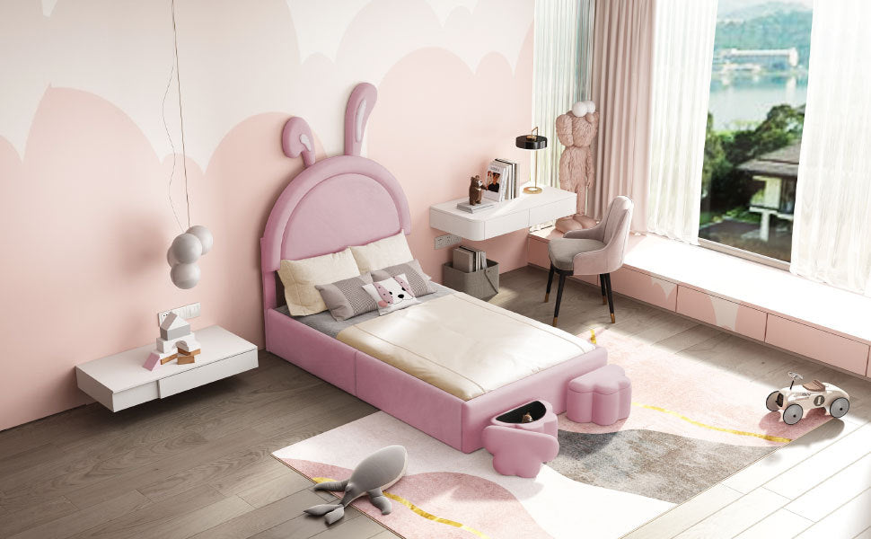 Twin Size Upholstered Rabbit Shape Bed With 2 Storage Stools, Velvet Platform Bed With Cartoon Ears Shaped Headboard, Pink Twin Pink Wood