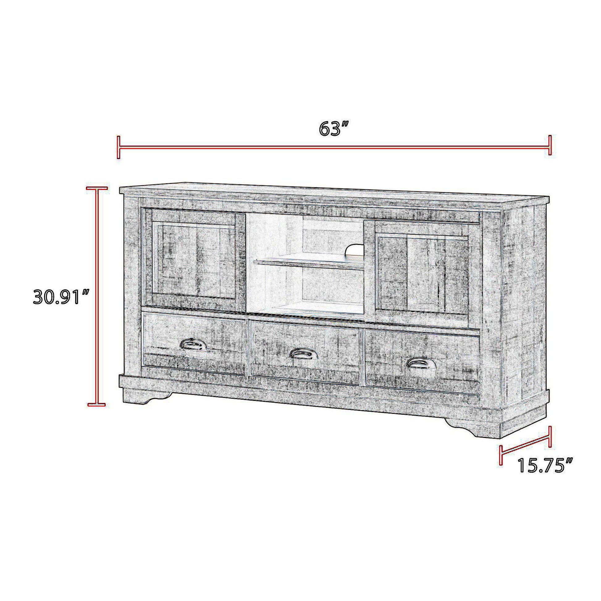 63 Inch Tv Entertainment Console, 2 Cabinets And Shelves, 3 Drawers, Gray Gray Wood Metal