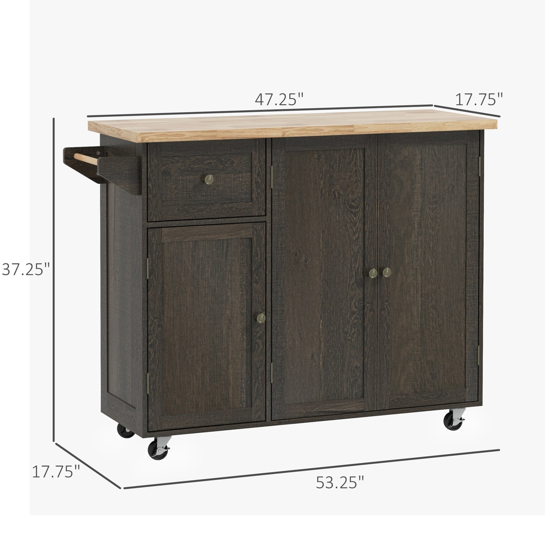 Homcom Triple Cabinet Rolling Kitchen Island On Wheels, Kitchen Cart With Storage Shelf Adjustment, Rolling Utility Cart With Wood Top, Towel Rack, Big Drawer, Distressed Brown Distressed Brown Wood