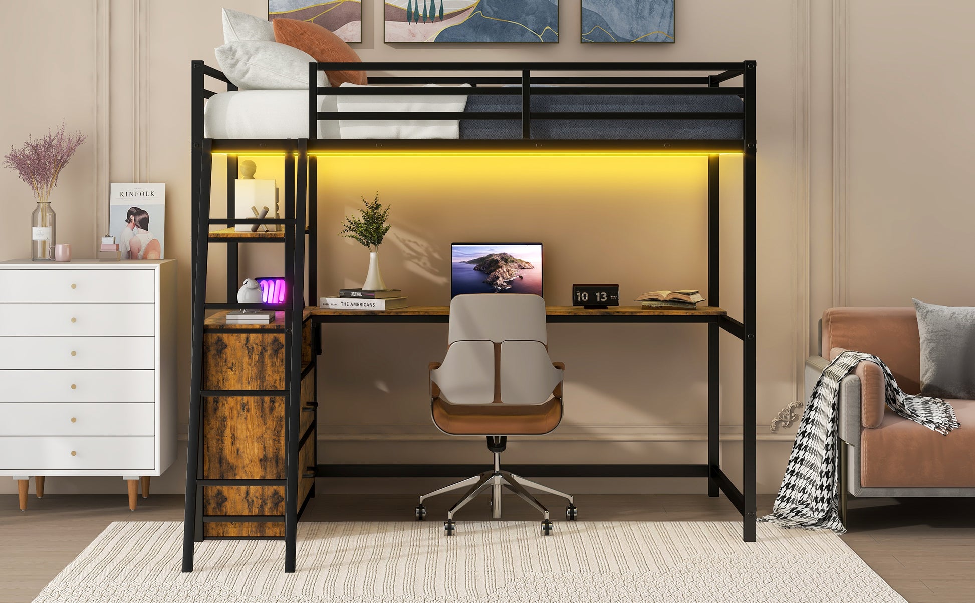 Twin Size Metal&Wood Loft Bed With Desk And Shelves, Two Built In Drawers, Led Light And Usb Charging Station, Black Twin Black Metal & Wood