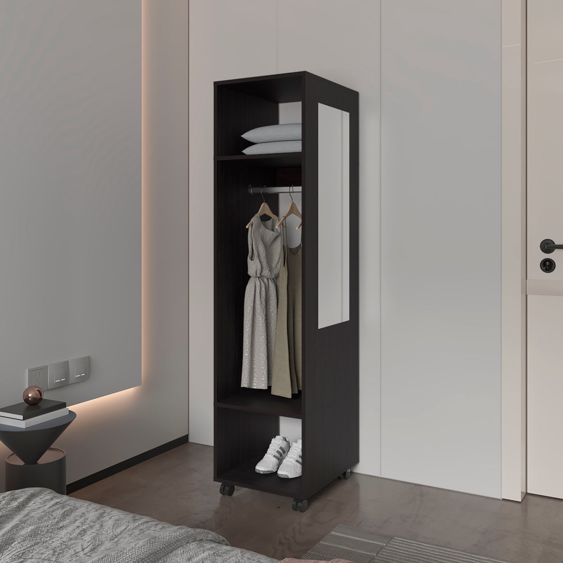 Benson Wardrobe In Melamine With Mirror And Open Storage Black Bedroom Contemporary,Modern Particle Board Melamine